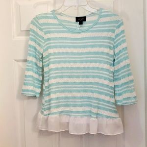 i.n. girl Gorgeous Teal Blue White Striped Sweater Top Sheer Ruffle & Bow